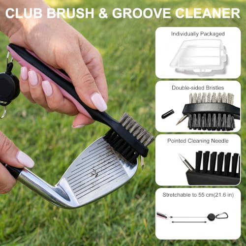 Golf Towel for Women with Club Brush & Divot Tool – 16"x24" Tri-Fold Waffle Microfiber Towel, Retractable Club Groove Cleaner & Divot Repair Tool, Golf Accessory Kit for Female Golfers (Pink) - color: Pink