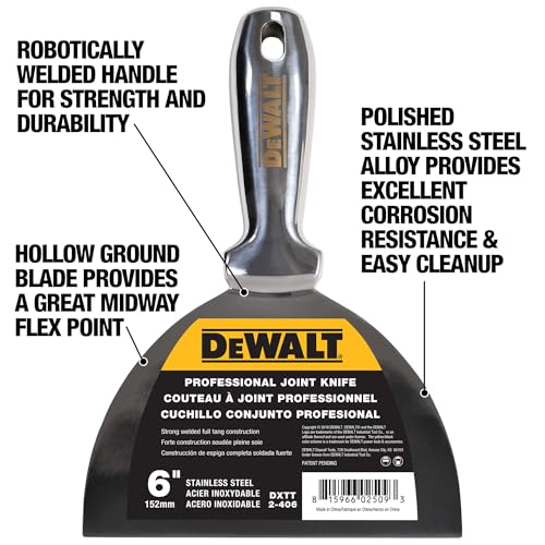 DEWALT 6" All Stainless Steel Joint Knife | One-Piece Premium Polished Metal Putty Blade | 2-406 - size: 6-Inch
