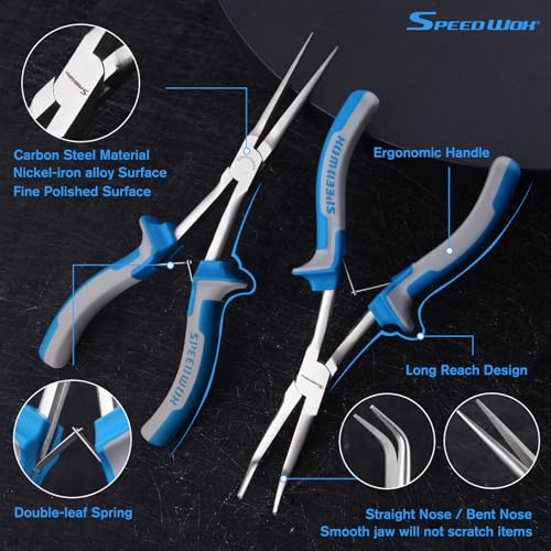 SPEEDWOX 2PCS Long Reach Needle Nose Pliers & Bent Needle Nose Pliers Set - style: 2PCS Bent & Needle Nose Pliers Smooth Jaw