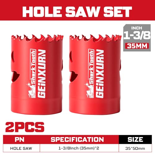 Geinxurn 1-3/8 Inch(35mm) Hole Saw, 2PCS HSS Bi-Metal Hole Saw Kit with Shark Tooth Hole Cutter for Wood,Drywall, PVC Boards and Thin Metal - color: 2 PCS 1-3/8"
