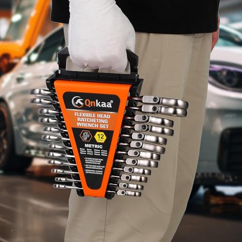Qnkaa Flexible Ratcheting Wrench Set 12pcs Metric 8-19mm Flex-Head Spanner Gear Ring Ratchet Combination Wrenches Kit with Portable Organizer - style: Metric 12pcs
