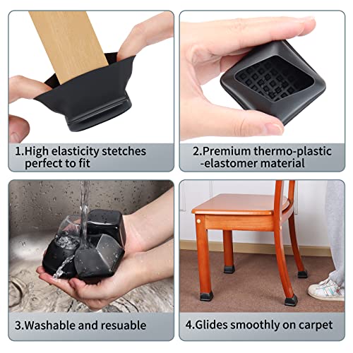 Ezprotekt 8 Pcs Chair Sliders for Carpet, Square Carpet Teflon Furniture Pads, Chair Glides for Carpet, Bar Stool Leg Protectors Caps, Furniture Sliders for Table, Chair, Sofa Legs (XL Fit: 1.5" - 2") - size: Black-XL