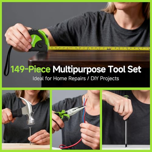 PULITUO Drill Set, 149-Piece Home Tool Set with Green 12V Cordless Drill, Tool Box, Hand Tool Kits for Women & Men and DIY Enthusiasts, for Home Improvement - style: 12V Set（Green）