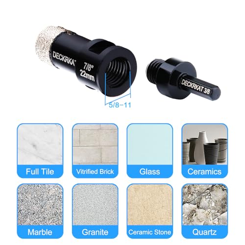 Diamond Core Drill Bit Vacuum Brazed 7/8" 22mm Diamond Hole Saw with Flutes for Granite Quartz Hard Porcelain Tile with 5/8-11 Female Thread & 3/8" Hex Shank Adapter Fit Angle Grinders & Drills - size: 7/8”(22mm)