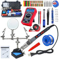 Soldering Iron Kit, 80W Electric Solder iron, Adjustable Temperature (180°C- 500°C）, With Multimeter, Magnifier Welding Helping Hand, Heat shrink tubing, Solder Wire, Desoldering pump. - color: Red (14-in-1 Soldering Iron Kit)