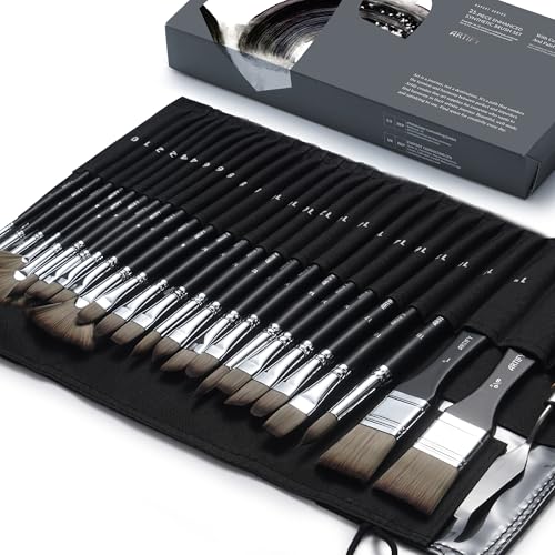 ARTIFY 25 Pieces Professional Paint Brush Set – Expert Series Synthetic Nylon Brushes for Acrylic, Oil, Watercolor, Gouache – No Shedding, Canvas Roll Case & Palette Knife, Artist Gifts Art Supplies - color: Black