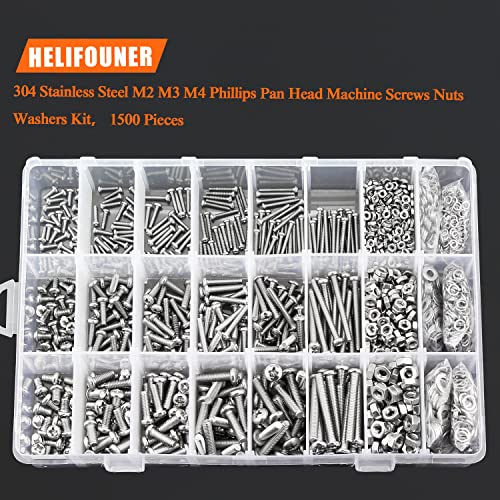 HELIFOUNER 1500 Pieces M2 M3 M4, 304 Stainless Steel Phillips Pan Head Machine Screws Bolts Washers Nuts Hardware Assortment Kit - style: Phillips Pan Head