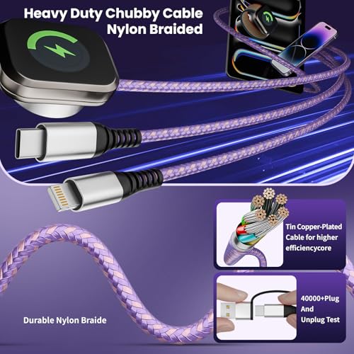 3 in 2 Multi Charging Cable Cord for iPhone Watch Charger/iPhone 17-8 Cable - color: Violet, size: 2Pack5FT