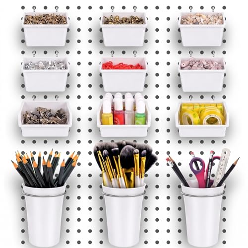 Pegboard Bins Cups with Hooks & Loops 12 Pack Peg Board Organizer (White) - color: White