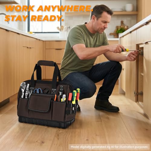 Heavy Duty Canvas Tool Bag, Wide Mouth Tool Tote Organizer - color: Dark Grey