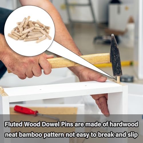 8 Values Wood Dowels Kit 1/4 3/8 5/16 Inch Fluted Wooden Dowel Pins Pegs Assortment for Furniture Woodworking DIY Crafts (Pack of 225Pcs)