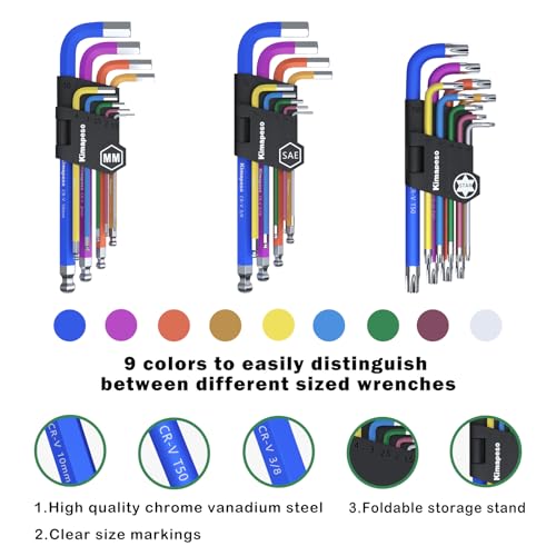 27 PCS Allen Key Set Torx SAE Metric Allen Wrenches Set Long Arm Ball End Hex Key Wrench Sets with T-Handle L-Hex Key Set Metric 1.5 to 10mm SAE 1/16 to 3/8″ Torx T10 to T50 - size: 27PCS Torx SAE Metric