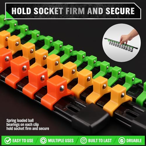 SWANLAKE Organizer Socket Holder, 9PCS 1/4-Inch x 48 Clips, 3/8-Inch x 45 Clips, 1/2-Inch x 36 Clips, Premium Quality Socket Clip Rail Holder - style: 9 PCS Green&Yellow&Orange