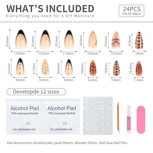 Mivota Brown Soft Gel Press On Nails 24PCS – Mixed Texture Almond Fake Nails with 3D Flower Design, Gold Edge & Snake Pattern, Glossy Reusable Glue On Nails for Women, Trendy Fall Nail Tips - color: 3D-62-Black French Gold Lines