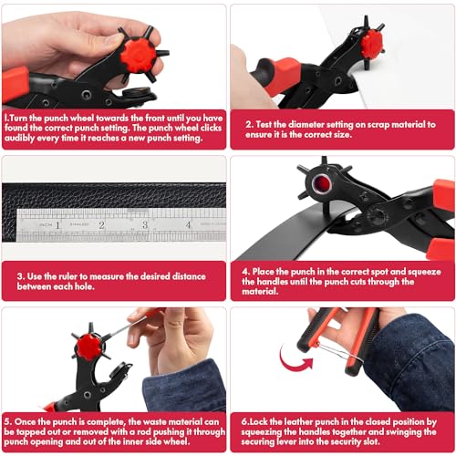 Revolving Punch Plier Kit, XOOL Leather Hole Punch Set for Belts, Watch Bands, Straps, Dog Collars, Saddles, Shoes, Fabric, DIY Home or Craft Projects, Heavy Duty Rotary Puncher, Multi Hole Sizes Make - style: Hole Puncher