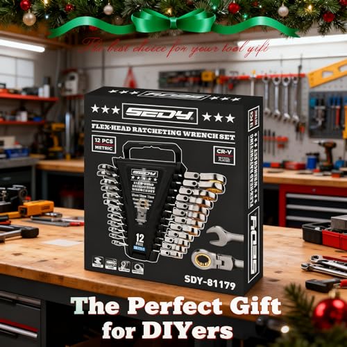 SEDY Premium 12-Piece Metric Flex-Head Ratchet Wrenches Set 8-19mm with Magnetic Organizer, Cr-V Steel Ratcheting Wrench Set with 72 Teeth 180° Flex Head, Ratchet Combination Wrench Set for Repair - style: 12-Piece Flex-Head (Metric)