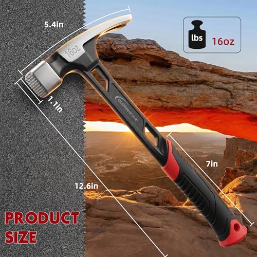 16 oz Straight Rip Claw Hammer with Milled Face & Shock Reduction Grip, Magnetic Nail Holder, Heavy Duty One-piece Forged Hammer (16oz)
