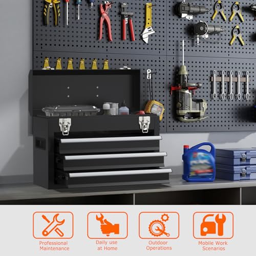Portable Metal Tool Box with Drawers, Latches Tool Box with EVC Liners for Garage, Home and Workbench (Black) - color: Black