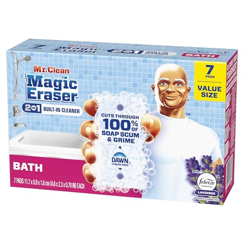 Mr. Clean Magic Eraser Sponge, Bathroom Cleaner, Shower Cleaner, Tub Cleaner, Soap Scum Remover, Bathroom Cleaning Supplies, Dawn Cleaning Power with Febreze Lavender Scent, 2 in 1 Bath, 7ct - size: 7 Count (Pack of 1)