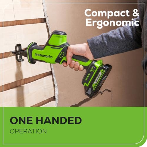 Greenworks 24V Brushless 1" Compact One-Handed Reciprocating Saw (3,000 SPM), Cordless Powered Variable Speed Recip Saw, Battery Not Included - size: Brushless 1" One-Handed Recip Saw, style: Tool Only