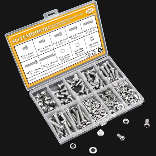 245 Pieces M5 Machine Screws Nuts Washers Set, Sutemribor M5 x 6/8/10/12/16/20/25mm Phillips Pan Head Machine Screws Nuts Washers Assortment Kit, 304 Stainless Steel, Fully Threaded - size: M5, style: Phillips Pan Head