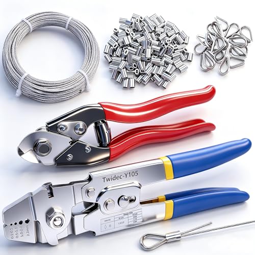 Twidec/Wire Rope Crimping Tool Up To 2.2mm With 240PCS 1/16''Aluminum Crimping Loop Sleeve And 165FT 1/16'' 304 stainless steel Wires Rope 20PCS Wire Thimbles And Wire Rope Cable Cutter Kit - style: 165FT Cutter Kit