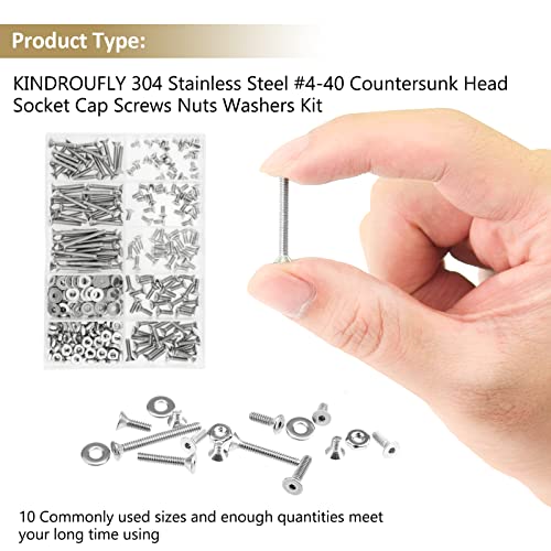 252 Pieces #4-40 x 3/16", 1/4", 5/16", 3/8", 1/2", 5/8", 3/4", 1", Countersunk Head Socket Cap Screws Nuts Washers Assortment Kit, 304 Stainless Steel, Fully Machine Thread - size: #4-40, style: Countersunk Head