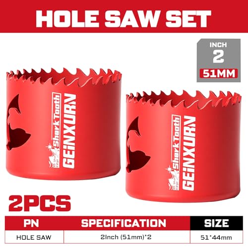 Geinxurn 2 Inch(51mm) Hole Saw, 2PCS HSS Bi-Metal Hole Saw Kit with Shark Tooth Hole Cutter for Wood,Drywall, PVC Boards and Thin Metal - color: 2 PCS 2"