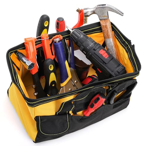 3 Pack Tool Bag, Wide Mouth Tool Tote Bag with Waterproof Base, Heavy Duty Tool Storage Bag Organizer for Various Tools, 5 Pockets, Blue, Yellow, Red, 12 Inch