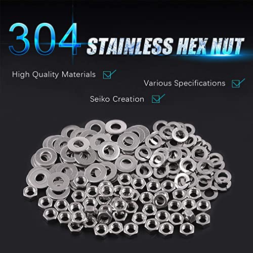 Swpeet 150Pcs Metric 304 Stainless Steel M5 Hex Nuts and M5 Flat Washers with Split Lock Washers Assortment Kit, Coarse Thread Hexagon Nut for Home Automotive Shop Use - size: M5 Hex Nuts & Washers