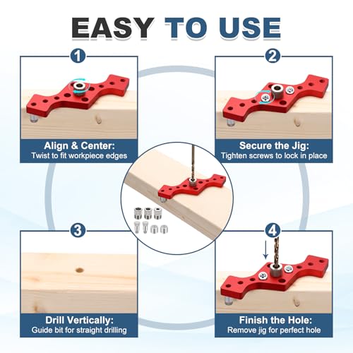 HARFINGTON Floating Shelf Bracket Dowel Jig Kit, Aluminum Alloy Self Centering Straight Punching Hole Drill Guide, DIY Woodworking Tool Doweling Jig for Shelves Cabinet Furniture, Red - color: Red
