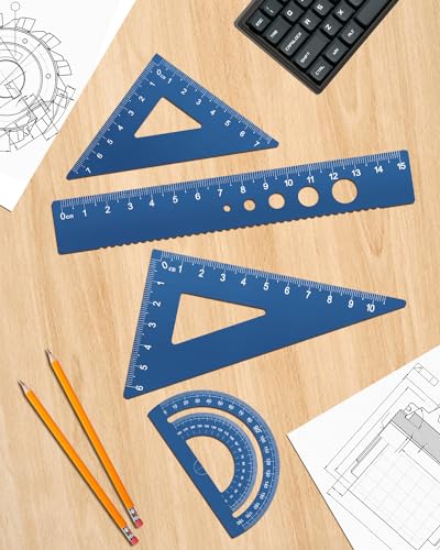 Honagu Triangular Ruler Set, 4 Pieces Aluminum Alloy Ruler, Metal Drafting Ruler, Geometric Protractor for Students, Draftsmen, Engineers, School Office Supplies (Blue) - color: Blue