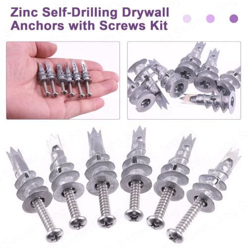 Swpeet 120Pcs Heavy Duty Zinc Self Drilling Drywall Anchors with #8 x 1-1/4'' Screws Kit, No Pre Drill Hole Preparation Required - Self-Tapping Drywall Anchors for Hanging and Mounting