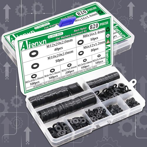 820PCS Black Nylon Washers Assortment Kit, Flat Washers for Bolts, 9 Metric Sizes Nylon Washers for Screws -M2, M2.5, M3, M4, M5, M6, M8, M10, M12 - size: BK M2-M12 (820PCS), style: Nylon Washer