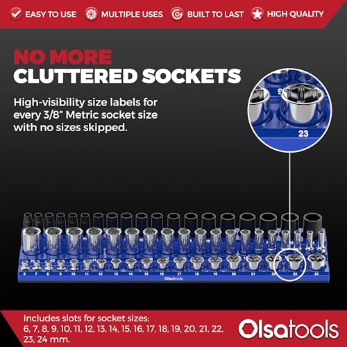 Olsa Tools Magnetic Socket Holder 3/8-Inch Drive Metric, Blue, 54 Slots - color: Blue, size: 3/8-Inch Drive, Metric