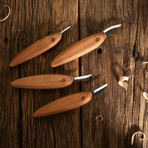 Flexcut Premium Series Wood Carving Tool Set, 4-Piece Kit with Cutting, Detail, Pelican, and Mini-Pelican Knives Plus Tool Roll, Ergonomic Cherry Wood Handles, USA Made