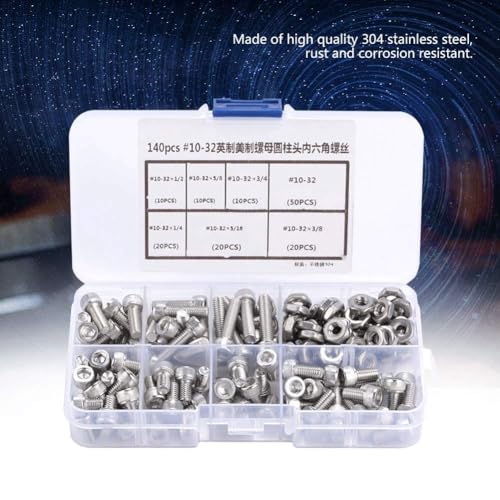140PCS #10-32 Screws Assortment Kit, 5/16 1/4 5/8 3/8 3/4 1/2 Hex Socket Head Bolts, Nuts & Washers Assorted Set, Hex Socket Head Cap Screws Bolts Nuts Washer Kit, 304 Stainless Steel