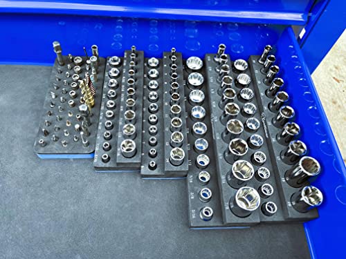 ToolGear Socket & Bit Organizer for Tool Box Drawer – Holds 80 Sockets + 50 Hex Screwdriver Bits, 1/4" & 3/8" Drive, Metric & SAE, Deep & Standard, Easy-Read Size Labels – Garage & Shop Storage Tray