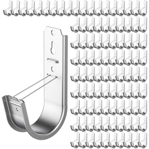 100 Pack 2 Inch Cable Support J Hook Wall Mount J Hook with Retainer Clip, Galvanized Steel for Cable Management & Organization Solution - size: 100 Pack-