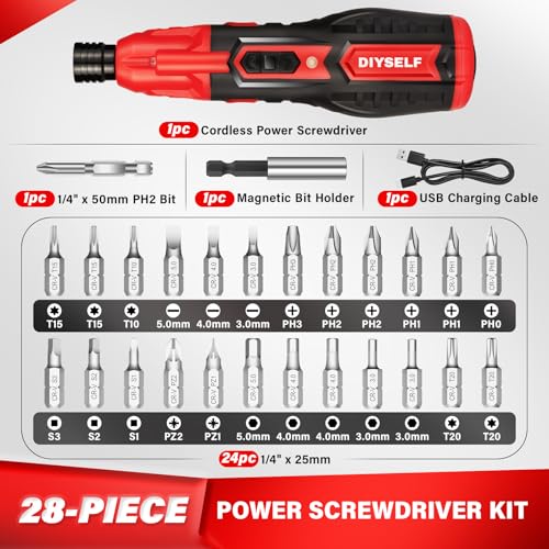DIYSELF Electric Screwdriver, Cordless Power Screwdriver Set, 28-Piece, Red - color: Red
