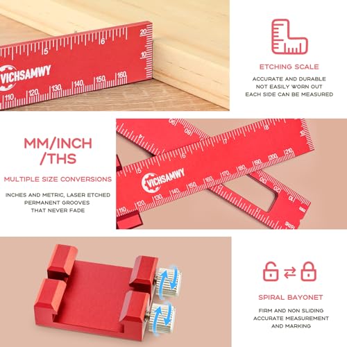 Precision Metal Slide Stop Scribing Ruler - 12, 8 & 6 Inch, Adjustable Measuring & Marking for Woodworking - color: Red