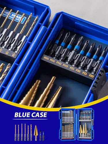 Handree 30pcs Impact Bit Set, Screwdriver Bit Set 11pcs, Hex Shank Drill Bit Set 16pcs, Step Drill Bit 3pcs, High Speed Steel Materialand Titanium Coating, S2 Alloy Steel Bits with Index Box - size: Assorted Bits (30 pcs)