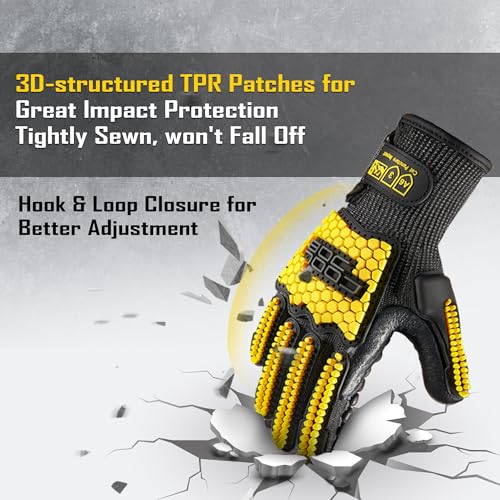 COOLJOB A6 Cut Resistant Anti Vibration Work Gloves Men, TPR Impact Reduce Mittens, Palm Rubber Patch Shock Absorption, S-2XL - size: Large