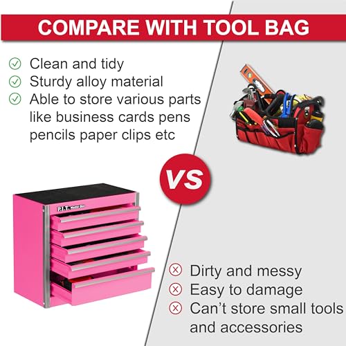 P.I.T. Mini Tool Box,Small Metal Toolbox Organizer with 5 Drawers,Pink | 8.6"W X 4.6"D Cute Size,Q235 Steel,Magnetic Locking Mechanism,PVC Drawer Liners - color: Pink, size: 5-Drawer