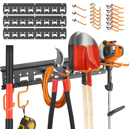 Garden Tool Organizer Wall Mount - Garage Storage and Organization Yard Tool Hanger with Adjustable Pegboard Hooks Shed Rack for Broom Mop Shovel Rake Trimmers, 48 inch Max 550lbs, Black - size: 48 Inch