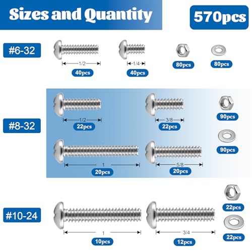 570Pcs Phillips Pan Head Nuts and Bolts Assortment Kit#6-32#8-32#10-24 - size: SS #6#8#10 570PCS