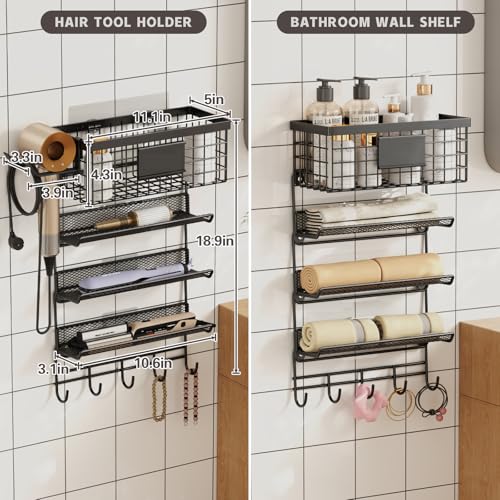 Magheo Hair Dryer Holder Wall Mounted, Adheisve Hair Styling Tool Organizer for hair Brush/Appliance Wall Mount with 5 Tier Shelf Basket Hooks Blow Dryer and Straightener Holder for Bathroom(Black) - color: Black