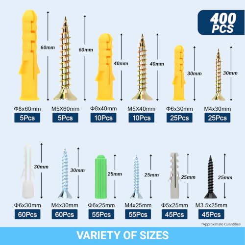 400Pcs Drywall Anchors & Screws Kit, 6 Sizes, Heavy Duty - color: 400PCS 6-Sizes