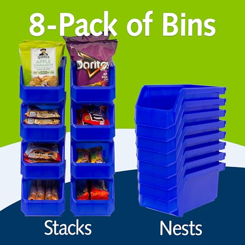 ReadySpace Medium Stackable Plastic Storage Bins, 8-Pack, Blue | Open-Front Stackable Bins For Garage, Pantry, Closet & Office, 11"L X 5,5"W X 5"H, Nests When Empty, Durable Plastic, - color: Blue, size: Medium, 8-Pack
