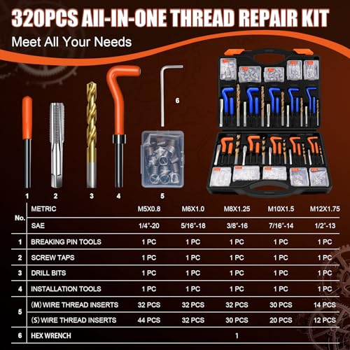 320PCS Helicoil Thread Repair Kit, Metric & SAE Heli Coil Insert Set - size: Metric&Sea320pc